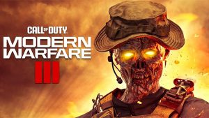 Промо-арт к игре Call of Duty: Modern Warfare 3 с зомби-солдатом с горящими глазами в шляпе и наушниках на фоне огненного взрыва и логотипом игры