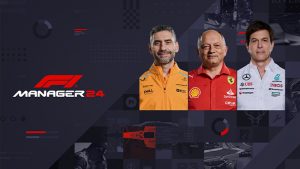 Промо-изображение игры F1 Manager 2024, показывающее трех руководителей команд Формулы 1: представителей McLaren, Ferrari и Mercedes