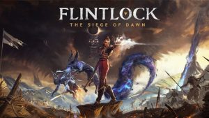 Арт игры Flintlock: The Siege of Dawn с изображением главной героини Нор и её мистического спутника Энки, стоящих на фоне разрушенного поля боя