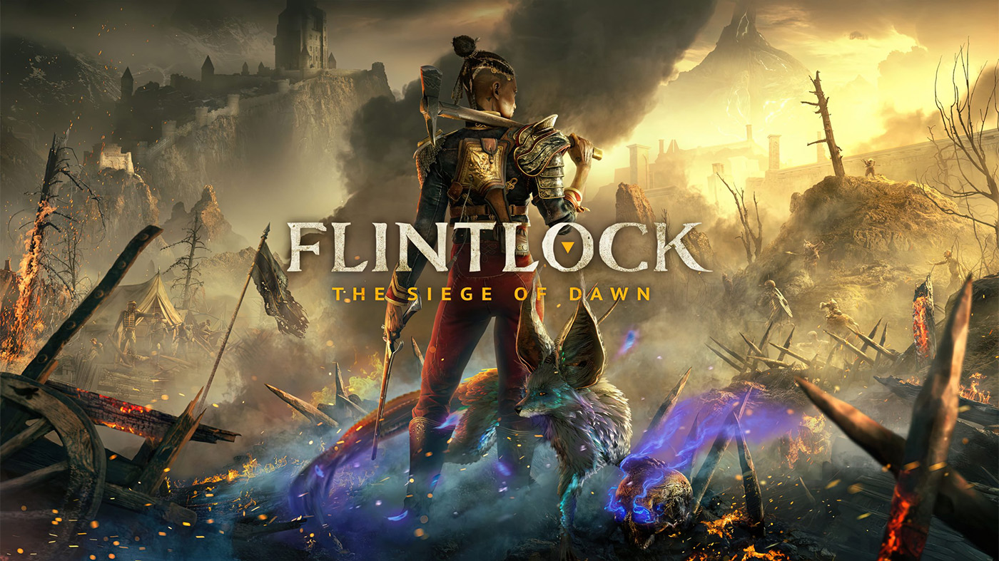 Арт игры Flintlock: The Siege of Dawn с изображением главной героини в боевой стойке на фоне разрушенного боевого поля