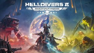 Промо-арт обновления Helldivers 2 'Escalation of Freedom', показывающий битву с механизированными боевыми машинами и гигантскими инопланетными насекомыми на фоне земного шара и космоса