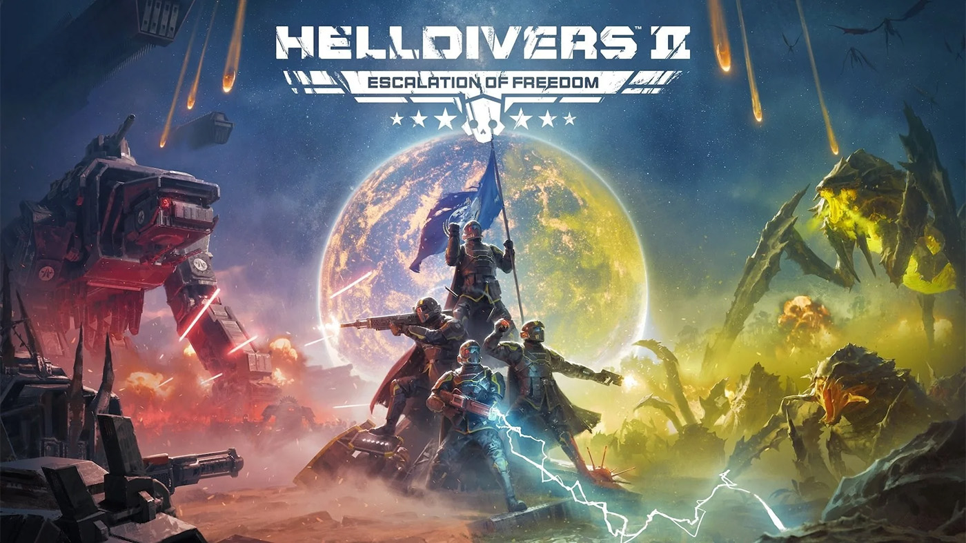 Промо-арт обновления Helldivers 2 'Escalation of Freedom', показывающий битву с механизированными боевыми машинами и гигантскими инопланетными насекомыми на фоне земного шара и космоса