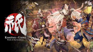 Промо-арт игры Kunitsu-Gami: Путь Богини, изображающий центрального персонажа с короной и многочисленных воинов в феодальной Японии