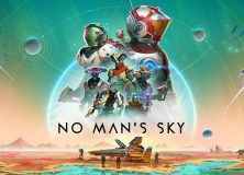 Промо-изображение игры No Man's Sky, показывающее разнообразие персонажей и космических кораблей, летящих в яркой, цветной вселенной с планетами и звездами в фоне