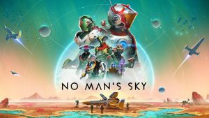 Промо-изображение игры No Man's Sky, показывающее разнообразие персонажей и космических кораблей, летящих в яркой, цветной вселенной с планетами и звездами в фоне