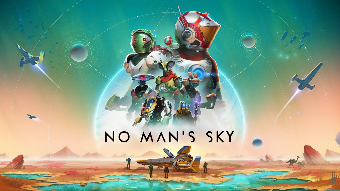 Промо-изображение игры No Man's Sky, показывающее разнообразие персонажей и космических кораблей, летящих в яркой, цветной вселенной с планетами и звездами в фоне