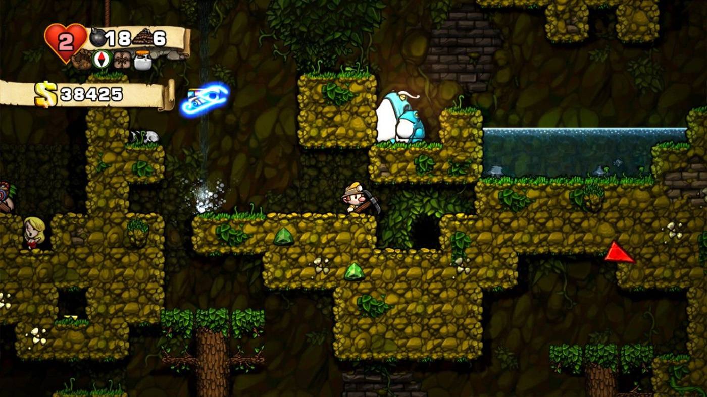 Игровой экран Spelunky 2 с персонажем в джунглях, минуя врагов и препятствия, с отображением индикаторов здоровья, бомб, веревок и счёта денег