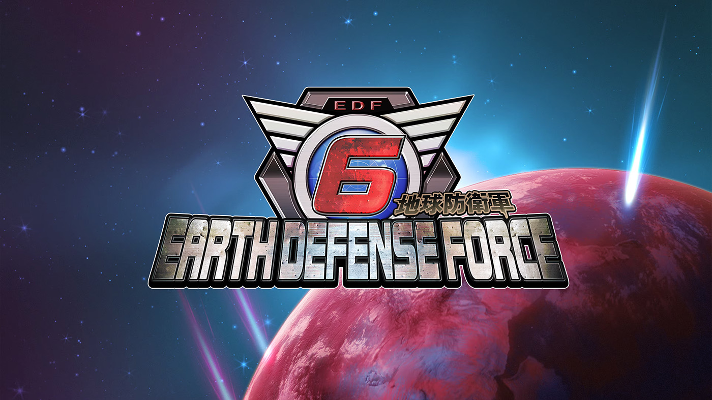 Логотип игры Earth Defense Force 6 на фоне космоса и красной планеты, с изображением звезд и светящегося кометного следа