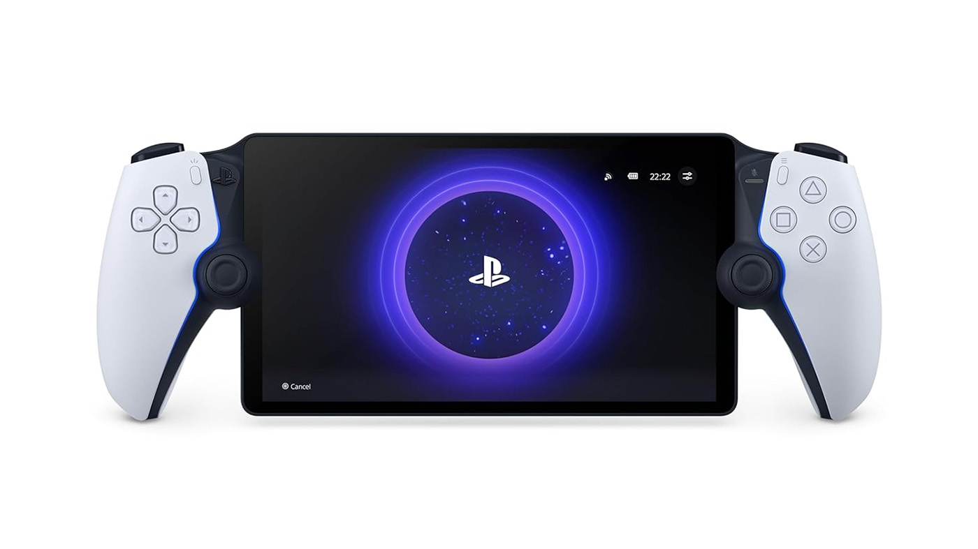 Устройство Sony PlayStation Portal с DualSense контроллерами и игровым интерфейсом на экране