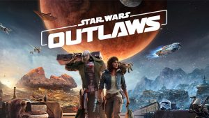 Ключевой арт для игры Star Wars Outlaws, показывающий двух персонажей на фоне космических кораблей и экзотической планетарной пейзажной местности