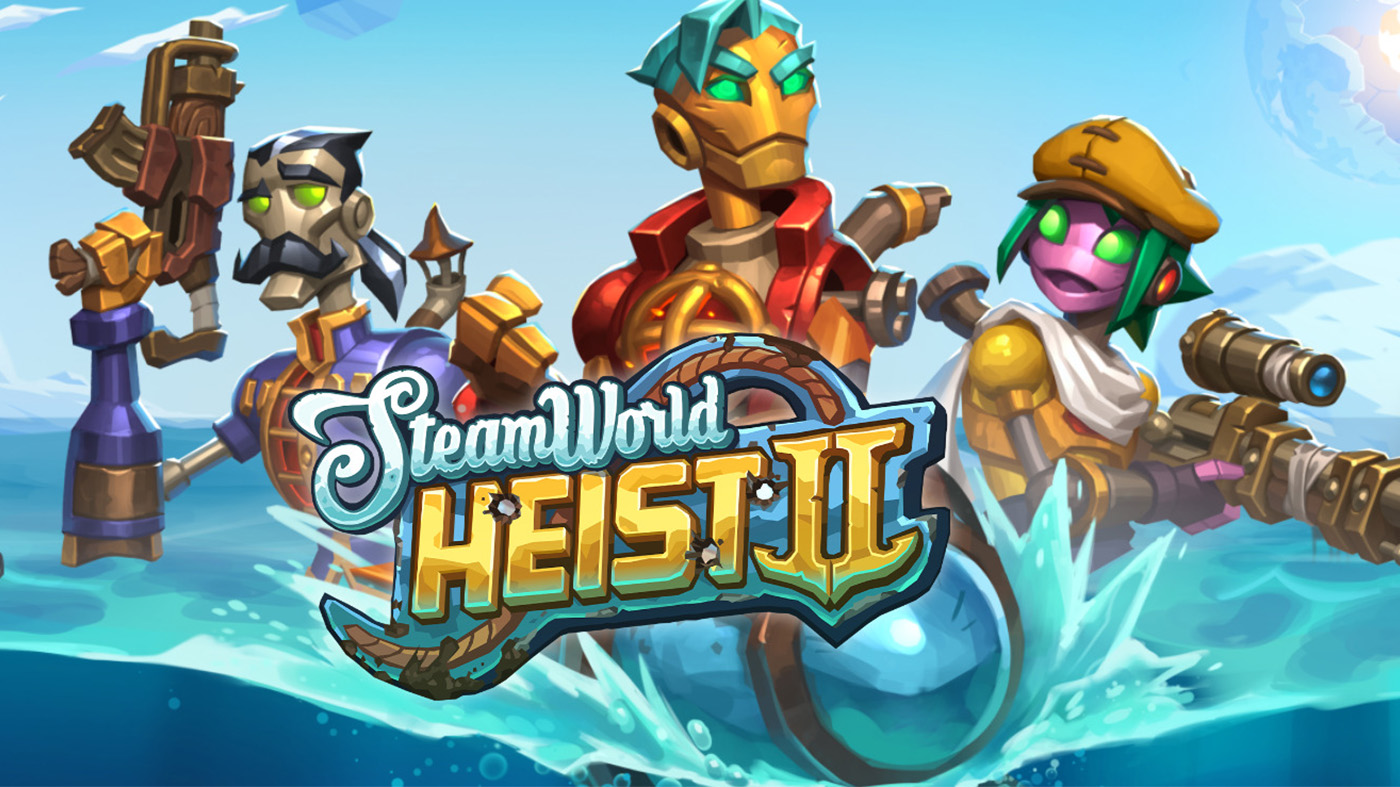 Изображение персонажей игры SteamWorld Heist 2: роботы в пиратских нарядах с оружием на фоне океана