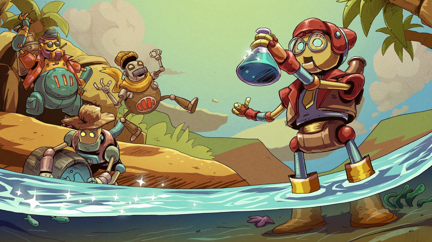 Картинка с роботами SteamWorld Heist 2, исследующими тропический остров: один из роботов плавает на бочке, другие танцуют и держат инструменты на фоне пальм.