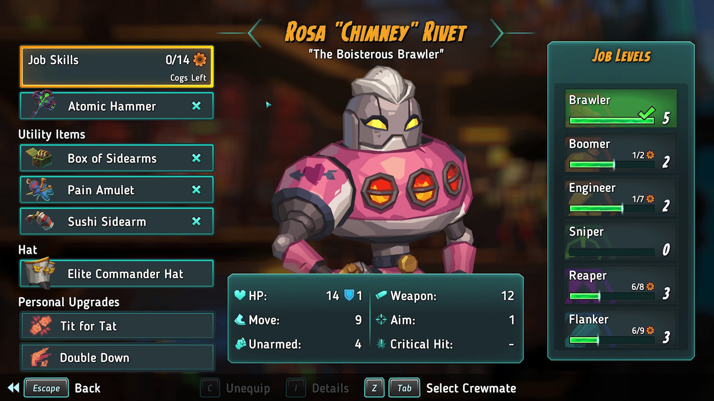 Игровой интерфейс персонажа Rosa 'Chimney' Rivet в SteamWorld Heist 2, показывающий его навыки, уровни работы, утилиты и характеристики на фоне темного бара