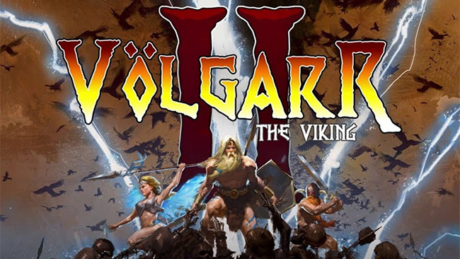 Промо-изображение игры Volgarr the Viking 2, на котором изображены главный герой викинг Волгарр и его союзники в бою против армии скелетов на фоне молний и темного неба.