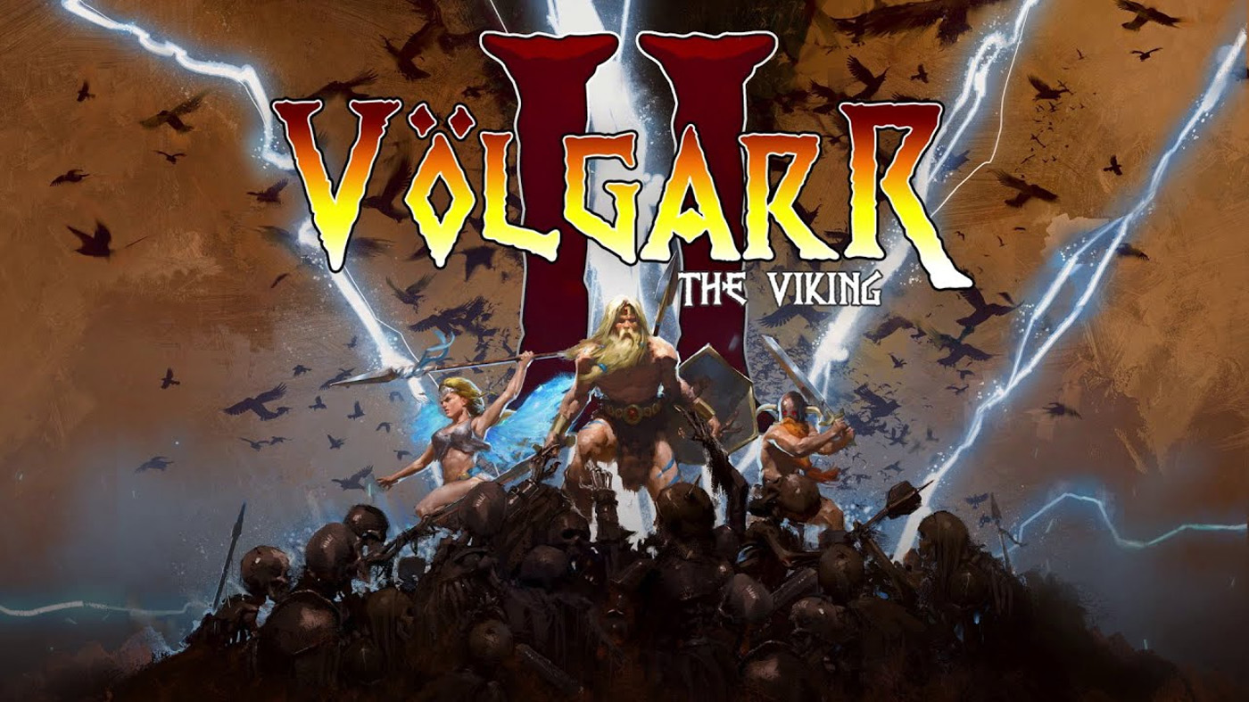 Промо-изображение игры Volgarr the Viking 2, на котором изображены главный герой викинг Волгарр и его союзники в бою против армии скелетов на фоне молний и темного неба.