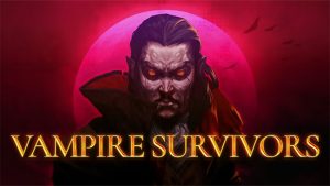 Логотип игры Vampire Survivors с изображением вампира с горящими глазами на фоне красной луны